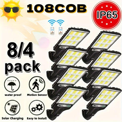 Solar Motion Sensor Security Wall Light 108COB LED – Outdoor Solar Powered Street Light with Remote Control & 3 Modes | Waterproof Garden Spotlight for Patio, Porch, Door & Garage | 2/4/8pcs Pack