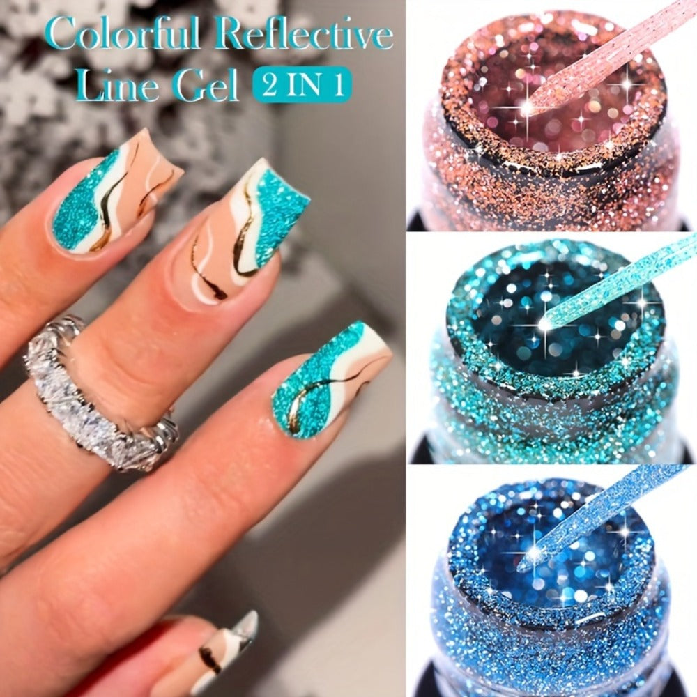Reflective Liner Nail Art Gel Six-Bottle Set with 5ml CR01 to CR06 Colors and Slim Brushes for Detail Lines