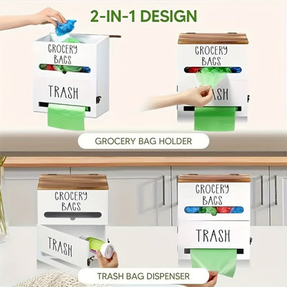 Garbage Bag Dispenser Wall Mount, Under Sink Organizer, Trash Bag Holder with Pull-Out Access, Kitchen Bag Storage Rack for Shopping Bags & Tissues, Space Saving Cabinet Organization