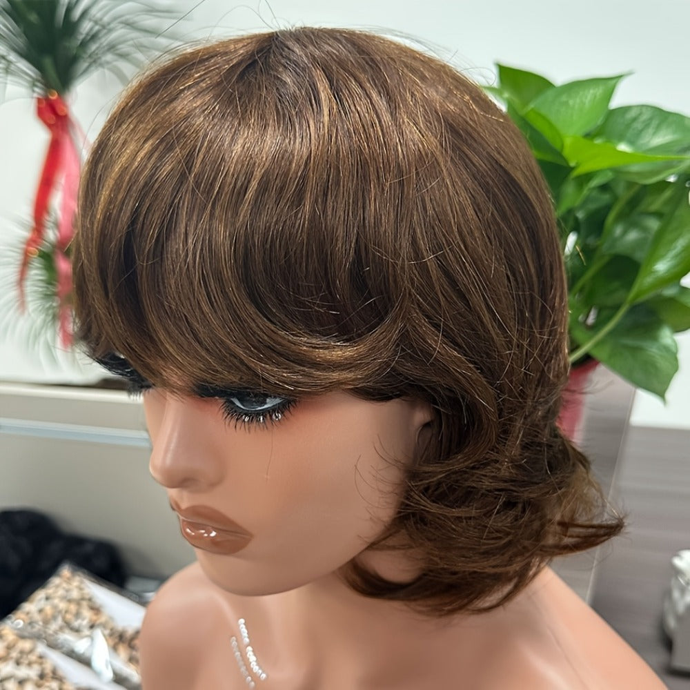 Pixie Cut Human Hair Wig with Bangs in 1B or Number 4 Color and 6 or 8 Inch Length Options