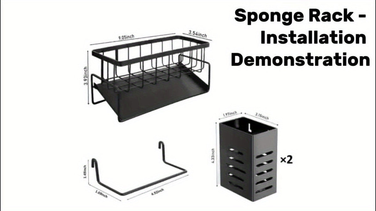 Kitchen Sink Organizer Sponge Holder with Self-Draining Tray Removable Rag Rod Carbon Steel for Home Cooking, Dining and Outdoor Meals