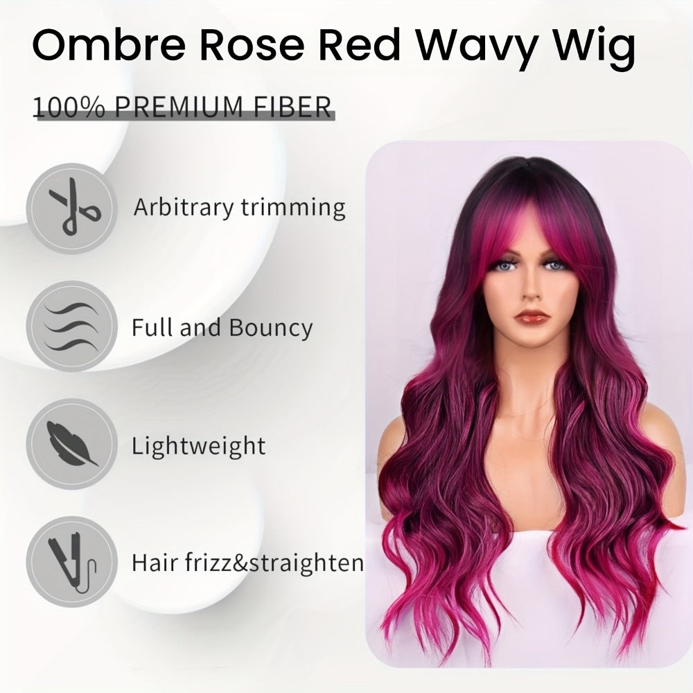 Synthetic Wig 26-Inch Ombre Rose-Red to Dark-Purple Body Waves with Bangs and Side Part for Cosplay