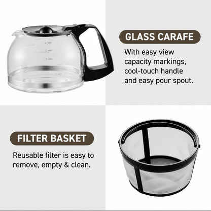 Compact Five-Cup Drip Coffee Maker with 0.75 L Water Tank, Glass Carafe and Reusable Filter