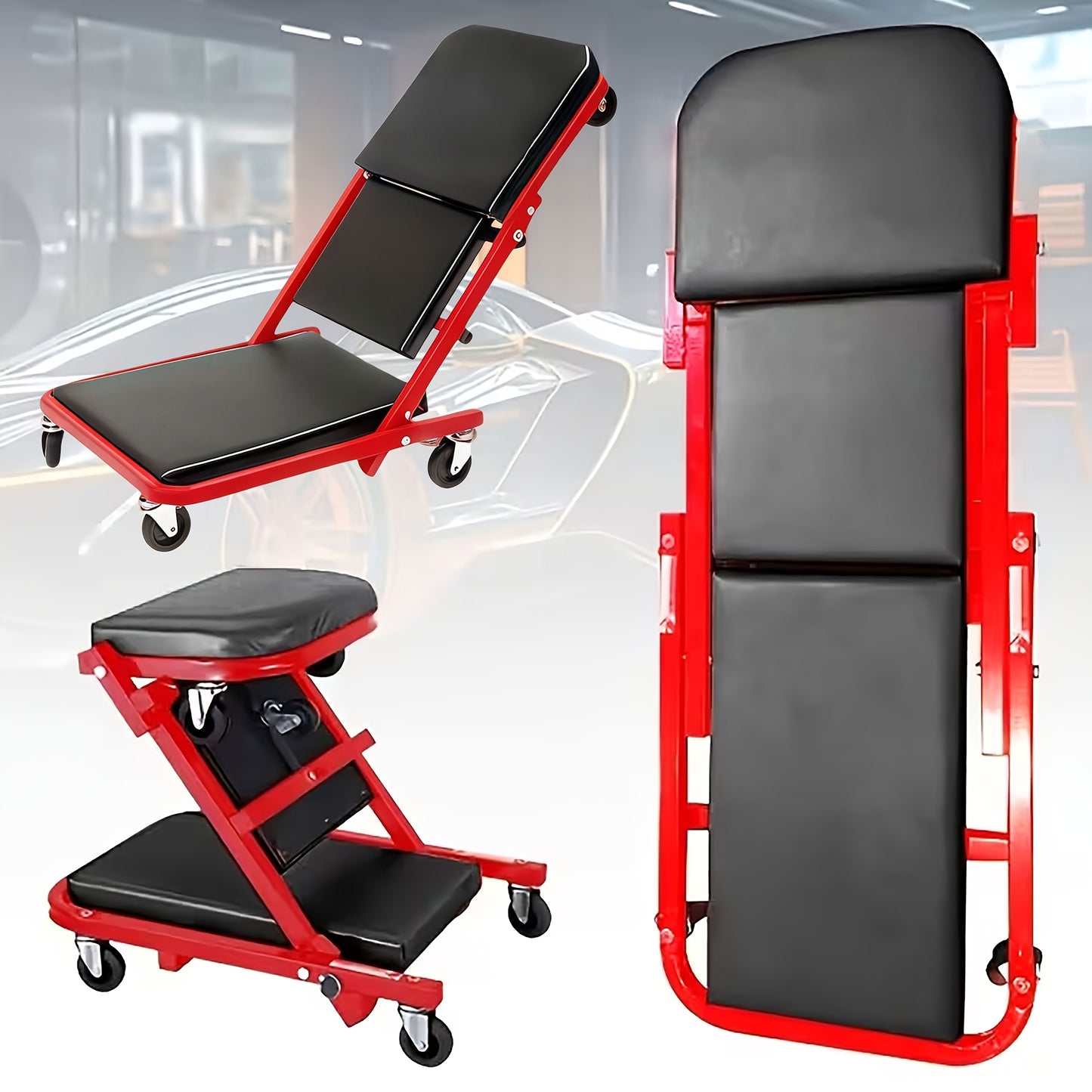 Rolling Mechanic Creeper Stool 300 lb – Foldable Z-Shape 3-in-1 Crawler Seat & Sliding Work Stool with 6 Swivel Casters, Thick Padded Cushion, for Car Truck Motorcycle Repair (Red / Grey)
