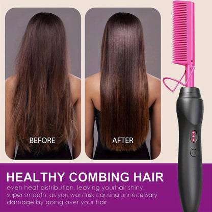 Electric Hot Comb Hair Straightener – 3-in-1 Ceramic Pressing Comb for Natural Hair, Beard & Wigs, Curling & Straightening Iron with Protective Holder, Bonus 2 Clips & 1 Comb, Gift Ready
