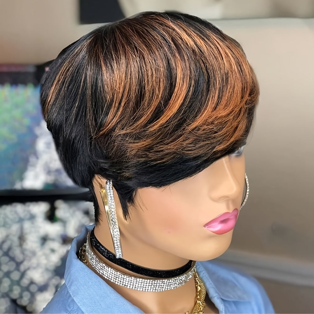 Synthetic Wig 10-Inch Bronze Ombre Pixie with Bangs, Straight Texture and Rose Net Cap for Daily Style