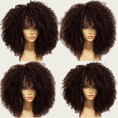 Synthetic Wig 16-Inch Kinky Curly Afro with Bangs in Color 1B and Elastic Cap for Parties and Cosplay