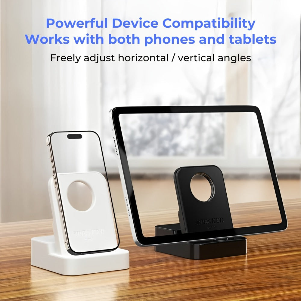 Magnetic Wireless Speaker Stand with Emergency Charging, 360° Adjustable Foldable Phone Holder, Portable Bluetooth Speaker