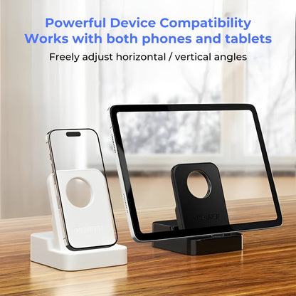 Magnetic Wireless Speaker Stand with Emergency Charging, 360° Adjustable Foldable Phone Holder, Portable Bluetooth Speaker