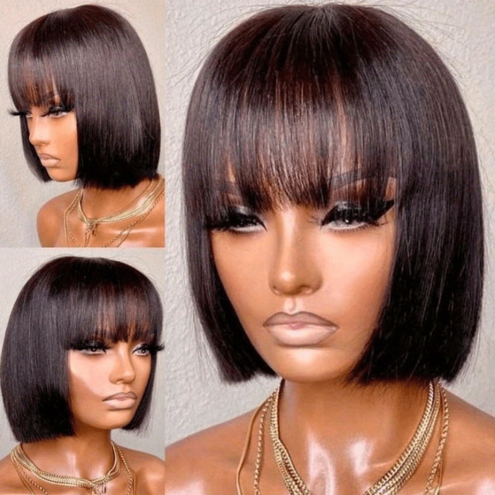 Lace Front Wig Human Hair Bob with Bangs, 4x1 HD Lace, 180% Density and 10-14in Length Choices