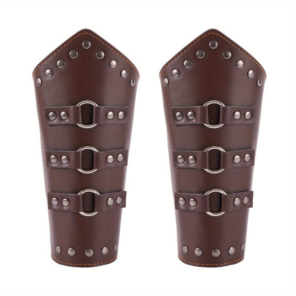 Medieval Arm Bracers 2pcs PU Leather Gauntlet Wristbands for Men, Renaissance Knight Warrior Viking Cosplay Costume Prop for Halloween LARP Stage Performance Photo Shoot, Black & Brown