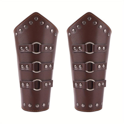 Medieval Arm Bracers 2pcs PU Leather Gauntlet Wristbands for Men, Renaissance Knight Warrior Viking Cosplay Costume Prop for Halloween LARP Stage Performance Photo Shoot, Black & Brown