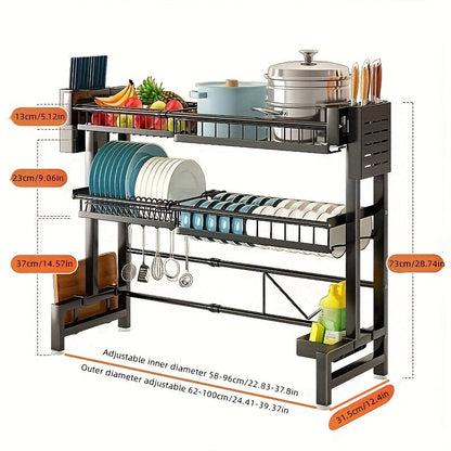 Expandable Over-Sink Dish Drying Rack with Single- or Double-Layer Black Frame and Adjustable Width