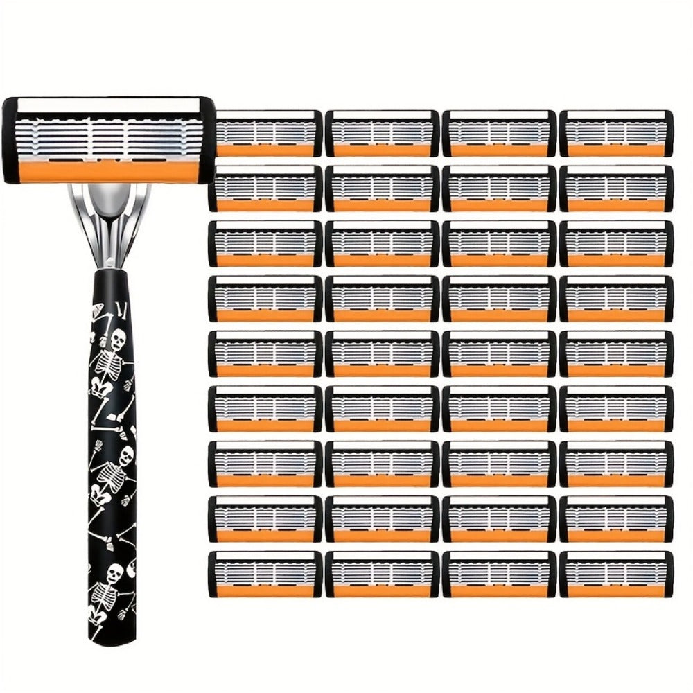 Safety Razor for Men 7-Layer Progressive Blades — Non-Slip Stainless Steel Handle Classic Double Edge Razor for Beard & Mustache Grooming, 1 or 2 Handle + 15–36 Blade Pack Options