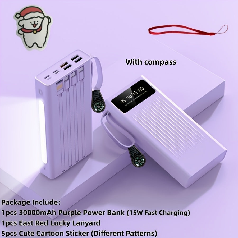 Power Bank 10000-30000mAh with 15W Charging, Four-in-One Cable and Four-Mode Camping Light