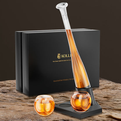 Baseball Bat Whiskey Decanter Set with 20.2 oz Bat-Shaped Bottle, Two 10.1 oz Baseball Glasses and Display Stand