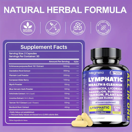 Lymphatic Health Supplement Capsules 30 Servings with Echinacea, Dandelion, Elderberry & Burdock for Fluid Circulation, Lymph System, Liver & Antioxidant Support for Men & Women