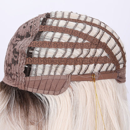 Synthetic Wig 16-Inch White Gradient Straight Style with Bangs and Glueless Rose Net Cap for Cosplay