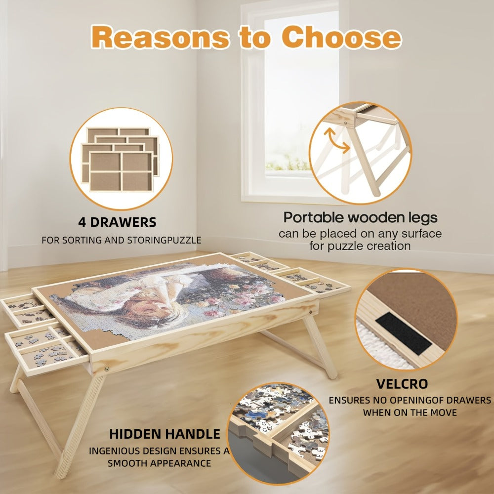 Foldable Wooden Jigsaw Puzzle Table with 4 Storage Drawers, 16 Sorting Grids and Natural-Color 1000-Piece Work Surface