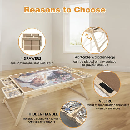 Foldable Wooden Jigsaw Puzzle Table with 4 Storage Drawers, 16 Sorting Grids and Natural-Color 1000-Piece Work Surface