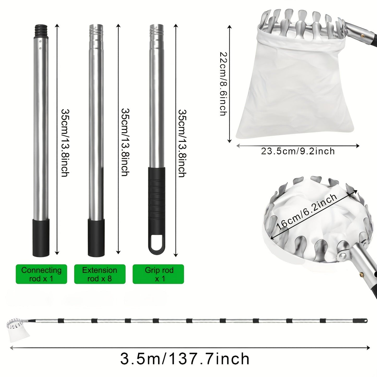 Telescoping Fruit Picker with 11-Foot Pole and Basket, Available with or without Collection Bag