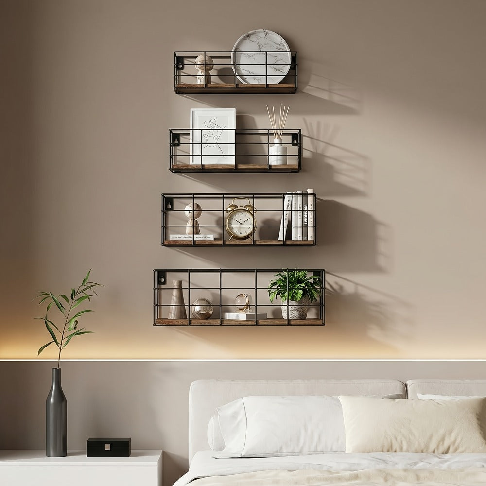 Wire Basket Wall Shelf Set with Wood-Look Bases and Four-Piece or Six-Piece Size Assortments