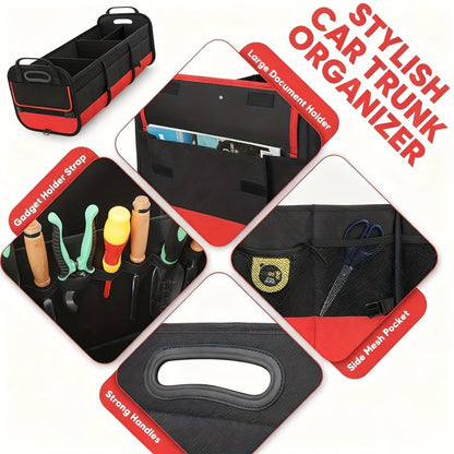 Car Trunk Organizer, 95L Foldable 4-Compartment Bin with Two Retractable Straps and Divider Set