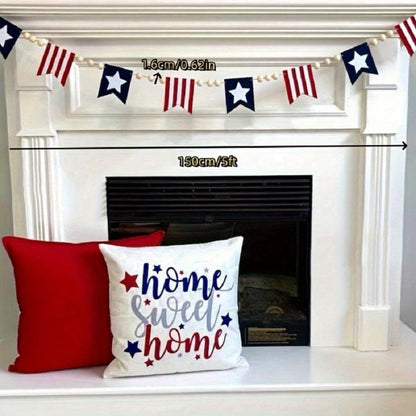 Patriotic Red, White and Blue Bunting Banner with Star Flags and Natural Wood-Bead Garland for Display