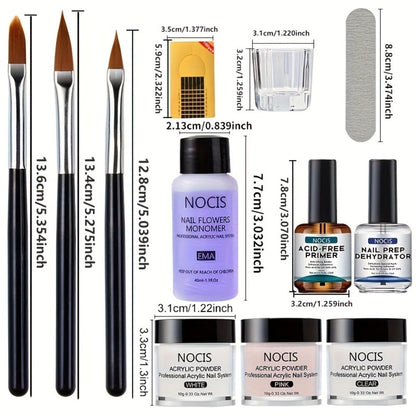 Acrylic Nail Kit NOCIS Clear, Pink and White Powders with Q Monomer, Primer, Brush Cleaner and Four Brushes