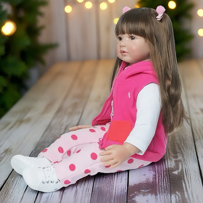 Open-Eye 24-Inch Girl Doll with Long Dark Hair, Pink Vest, Spotted Outfit and Plush Companion