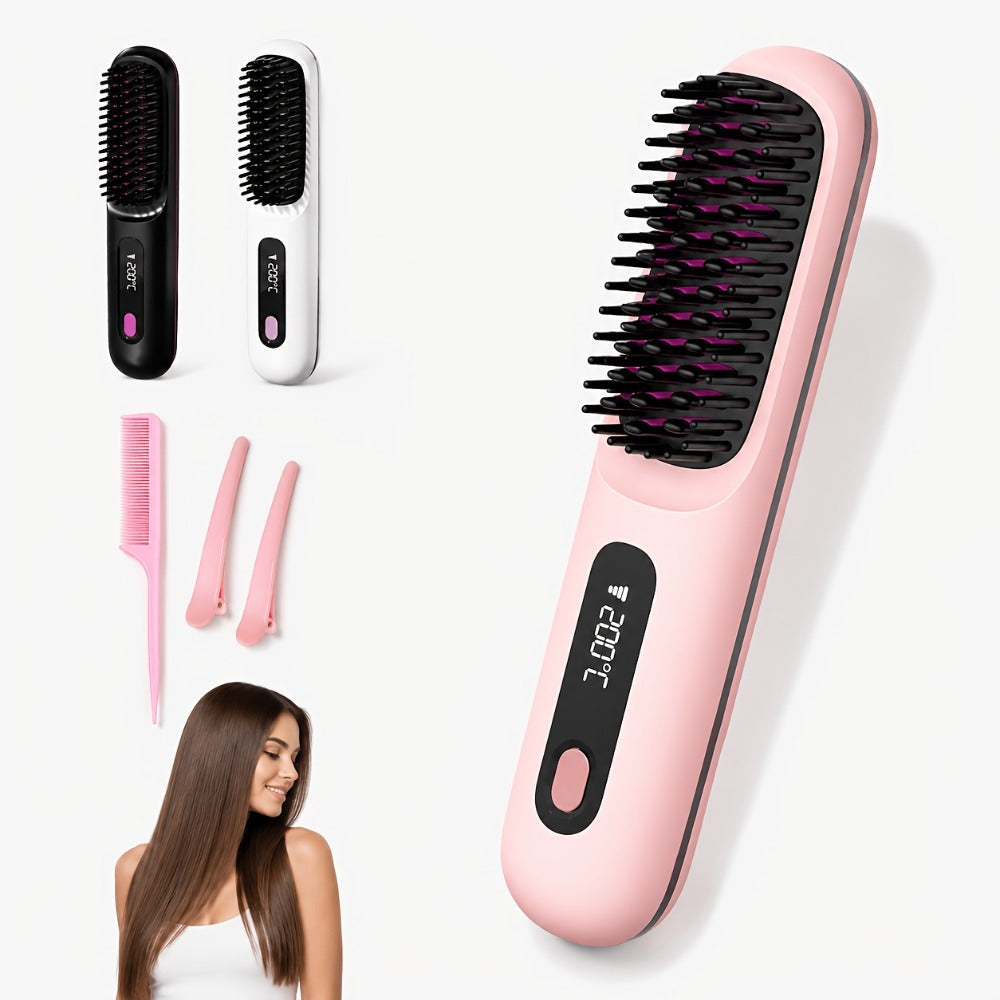 Cordless Straightening Brush Hair Styling Tool with Rechargeable Power and Black or White Finish