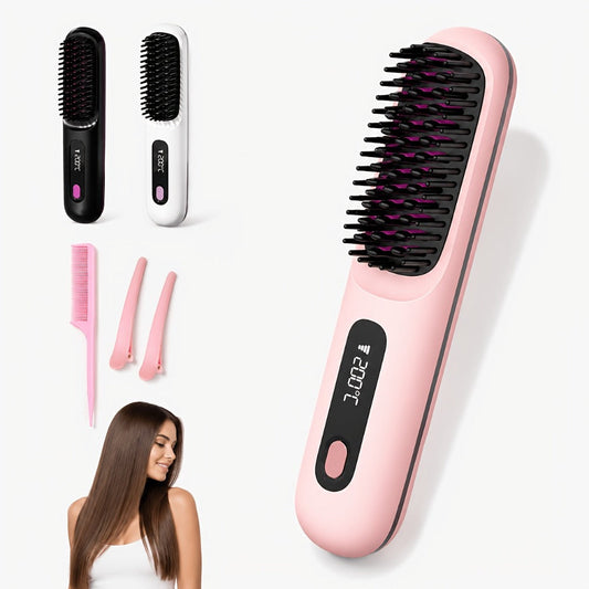 Cordless Hair Straightening Brush – Mini Rechargeable Portable Straightener Comb for Travel Daily Styling, Fast Heating Anti-Scald Frizz Control for All Hair Types, Black & White