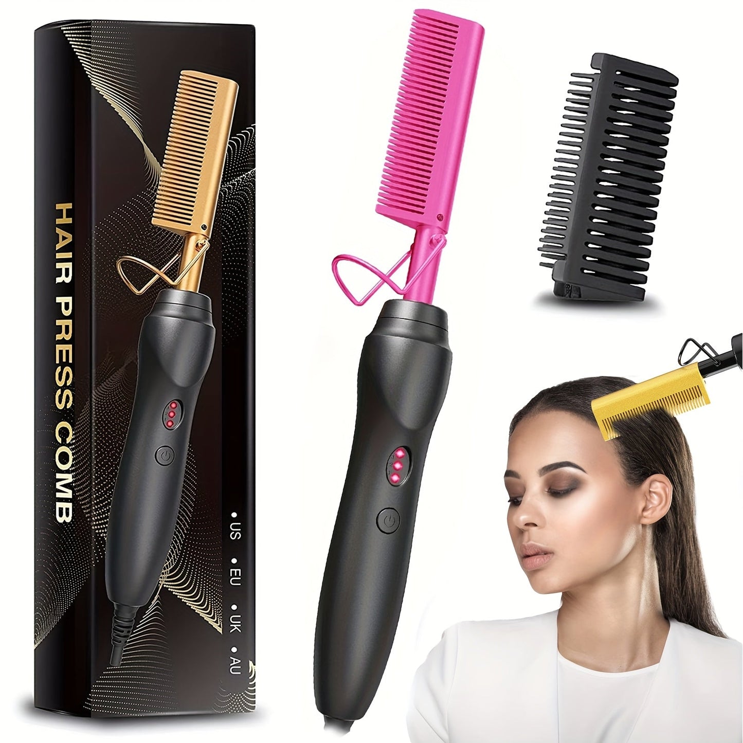 Electric Hot Comb Hair Straightener – 3-in-1 Ceramic Pressing Comb for Natural Hair, Beard & Wigs, Curling & Straightening Iron with Protective Holder, Bonus 2 Clips & 1 Comb, Gift Ready