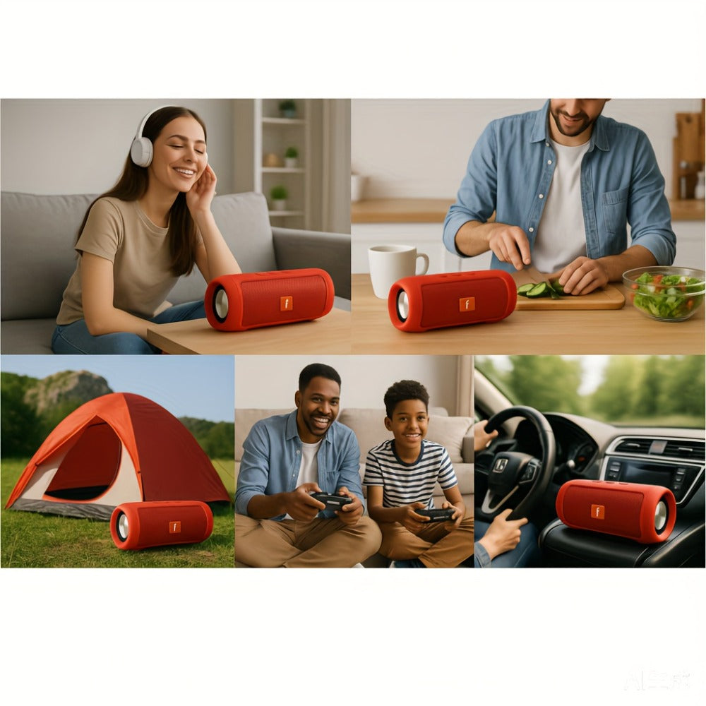 Bluetooth Speaker Cylindrical TWS Stereo-Pairing Model with USB Charging and Red or Black Color Options