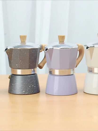 Classic 150ml Stovetop Moka Pot with Faceted Body, Wood-Look Handle and Seven Color Options