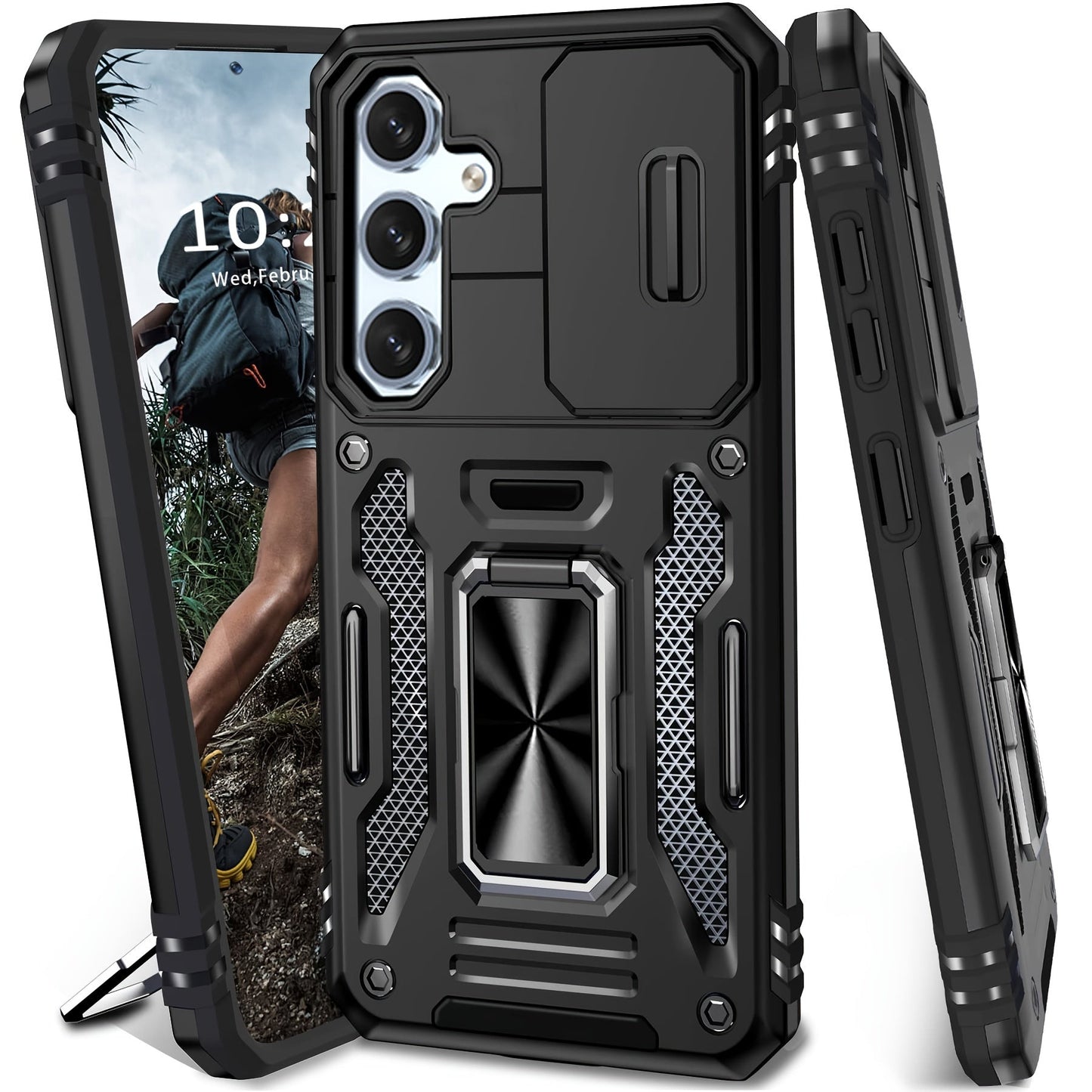 Samsung Galaxy Shockproof Magnetic Phone Case with 360° Rotating Ring Bracket & Sliding Lens Protector – Heavy Duty Cover for S24FE S23FE S22 S21FE Ultra A55 A54 A35 A34 A25 A24 A16 A15 A14 A06 A05 A05S 5G