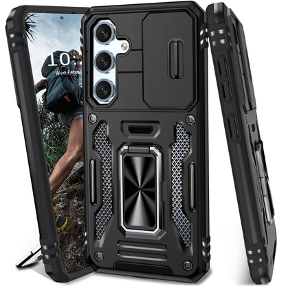 Samsung Galaxy Shockproof Magnetic Phone Case with 360° Rotating Ring Bracket & Sliding Lens Protector – Heavy Duty Cover for S24FE S23FE S22 S21FE Ultra A55 A54 A35 A34 A25 A24 A16 A15 A14 A06 A05 A05S 5G