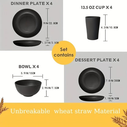 Wheat Straw Dinnerware Set 32/16pcs, Unbreakable Plastic Plates Bowls Cups, Colorful Outdoor Camping Dishes Service for 8