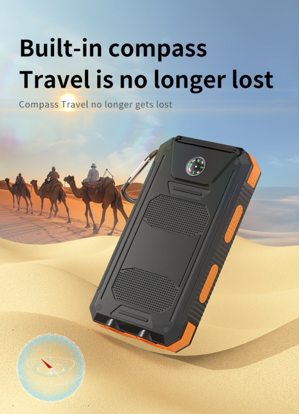 Power Bank Solar 20000mAh with Dual USB, LED Flashlight, Compass and Black or Orange Shell