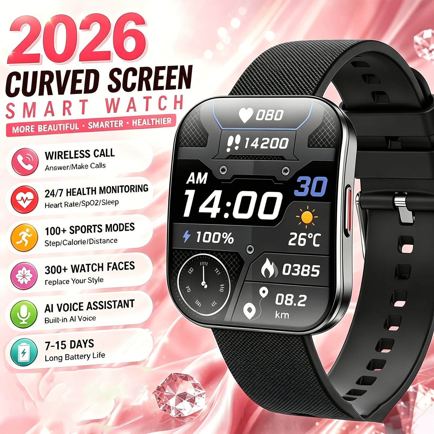 Curved Screen Smartwatch 1.85 Inch Full Touch Calling Messaging Music Camera Control Fitness Tracker Heart Rate Sleep Multiple Sport Modes Android iPhone Compatible Women Men Outdoor Lighting Version Black Pink