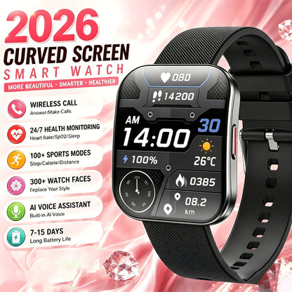 Curved Screen Smartwatch 1.85 Inch Full Touch Calling Messaging Music Camera Control Fitness Tracker Heart Rate Sleep Multiple Sport Modes Android iPhone Compatible Women Men Outdoor Lighting Version Black Pink