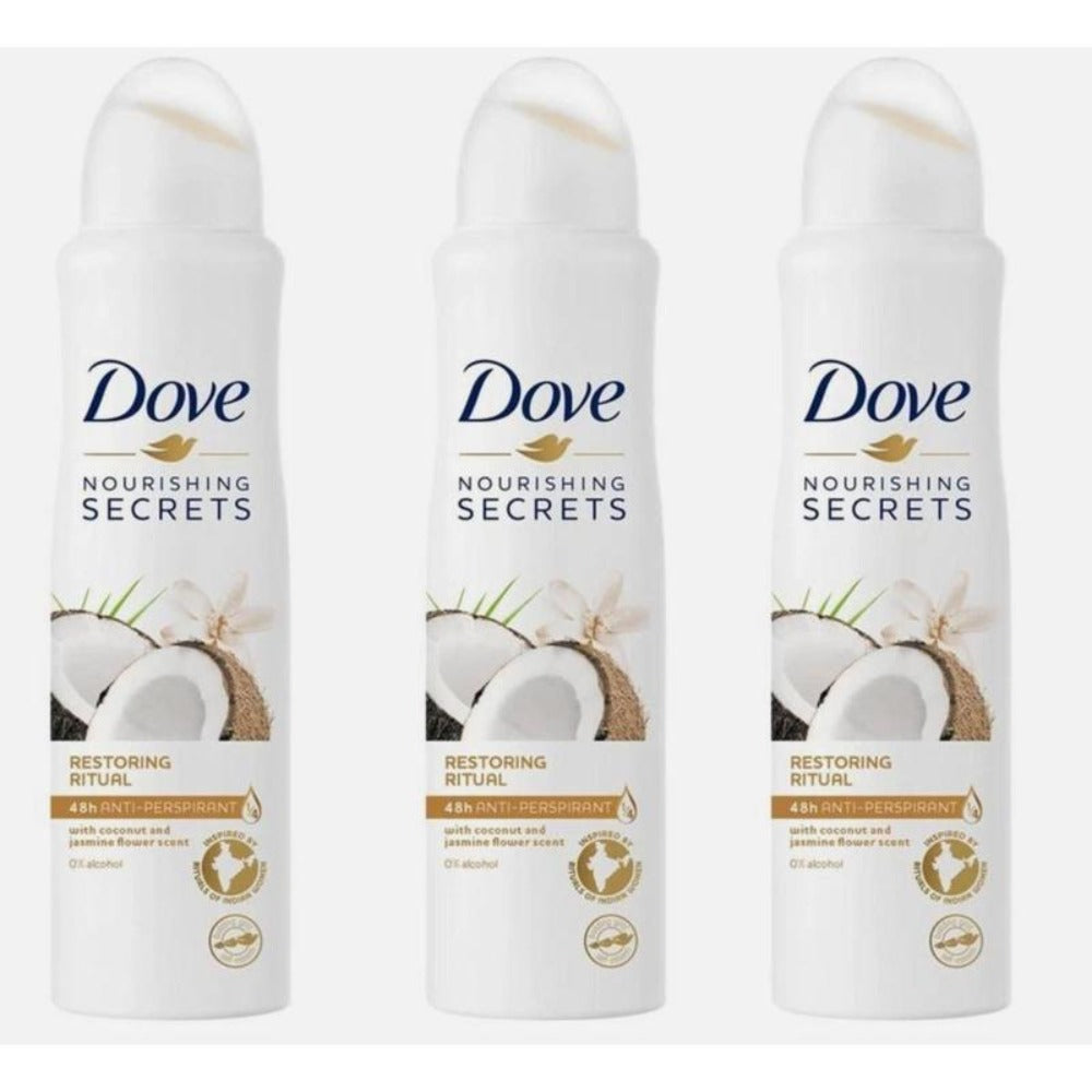 Dove Antiperspirant Deodorant Spray 3-Pack Coconut Jasmine Restoring Ritual 150ml Each – 48-Hour Sweat & Odor Protection with Moisturizing Formula for Women Tropical Fragrance Body Spray
