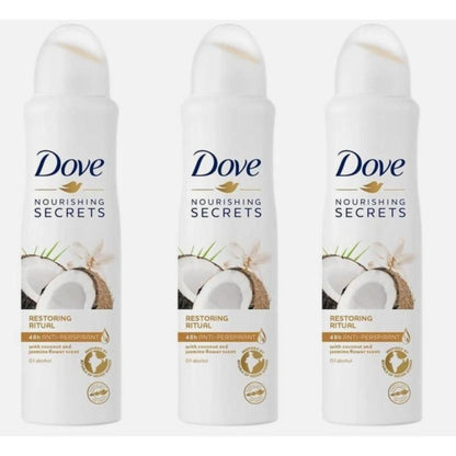 Dove Antiperspirant Deodorant Spray 3-Pack Coconut Jasmine Restoring Ritual 150ml Each – 48-Hour Sweat & Odor Protection with Moisturizing Formula for Women Tropical Fragrance Body Spray