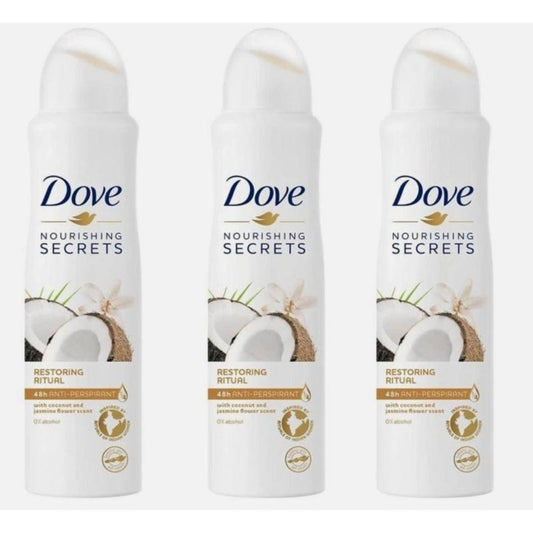 Dove Antiperspirant Deodorant Spray 3-Pack Coconut Jasmine Restoring Ritual 150ml Each – 48-Hour Sweat & Odor Protection with Moisturizing Formula for Women Tropical Fragrance Body Spray