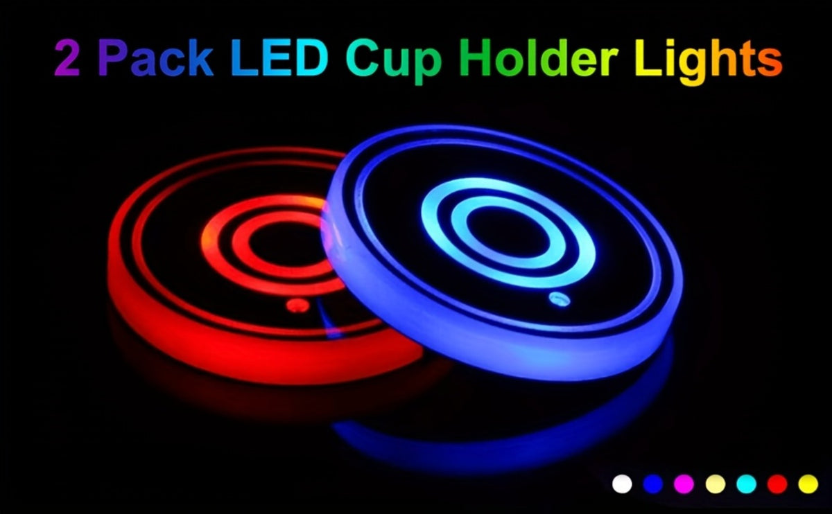 LED Neon Car Cup Holder Coasters – 7 Color USB Rechargeable Glowing Cup Mats, Ambient Light for Car Interior, Bar & Home Decor (Set of 2, Devil's Eye Design)