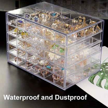 Jewelry Storage Box 5-Layer Drawer Organizer – Transparent Nail Art Accessory Storage Container for Earrings Rings Necklaces Beads 120 Cells