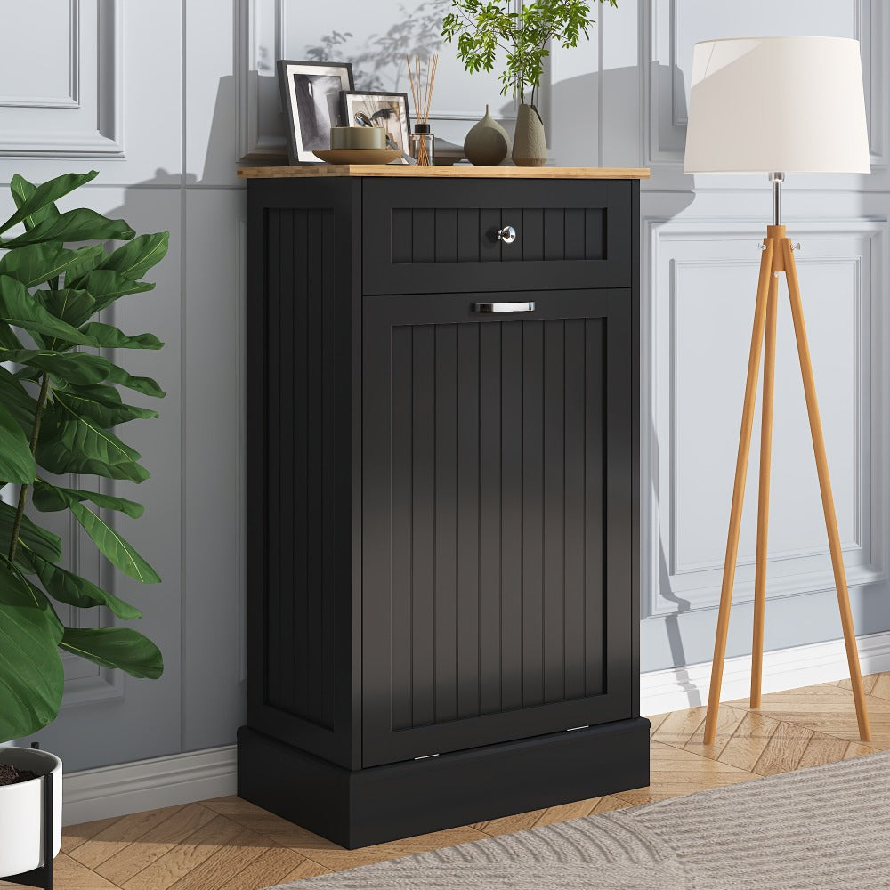 Tilt Out Trash Cabinet Freestanding Kitchen Garbage Cabinet with Cutting Board & Drawer – Wood Hideaway Recycling Station, Fits 10 Gal, Black/White