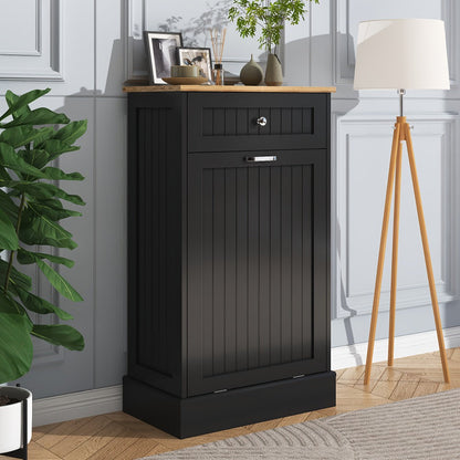 Tilt Out Trash Cabinet Freestanding Kitchen Garbage Cabinet with Cutting Board & Drawer – Wood Hideaway Recycling Station, Fits 10 Gal, Black/White