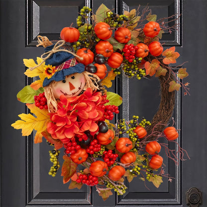 Autumn Front Door Wreath with Pumpkins, Maple Leaves, Red Flowers and Harvest Doll Accent for Seasonal Decor