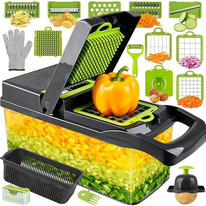 18-in-1 Vegetable Chopper and Mandoline Slicer with Clear Container, Eight Metal Blade Inserts and Hand Guard